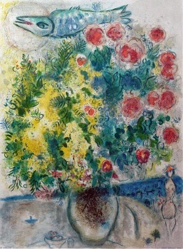 Rosas y Mimosas de Niza, la Costa Azul, litografía en color contemporánea de Marc Chagall Pinturas al óleo